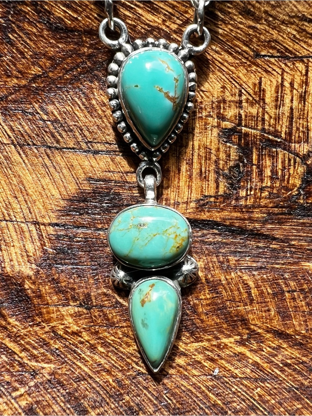 Kingman Turquoise Drop Necklace Sterling Silver 3 Stone Pendant | Southwestern - Picture 4 of 14